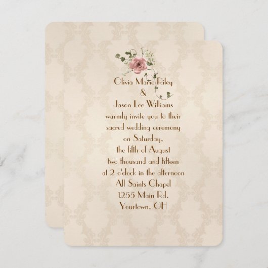 Ivory Damask Wedding Invite Kaart (Voorkant / Achterkant)