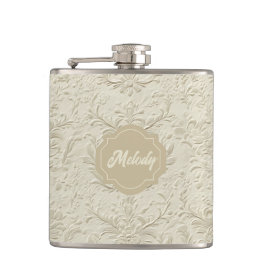 Ivory Embossed Floral Vinyl Wrapped Flask Heupfles