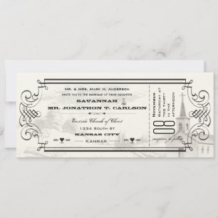 Ivory- en Black Chapel Ticket Wedding-uitnodiginge Kaart
