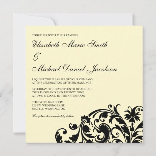 Ivory en Black Flourish Swirl Wedding Invitations Kaart (Voorkant)