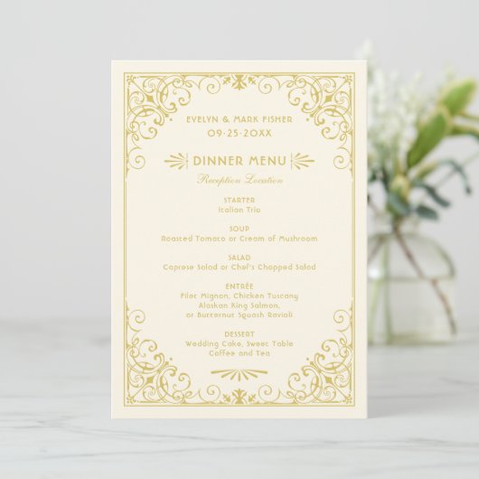 Ivory en gouden Kunst deco Weddenschap Menu (Staand voorkant)