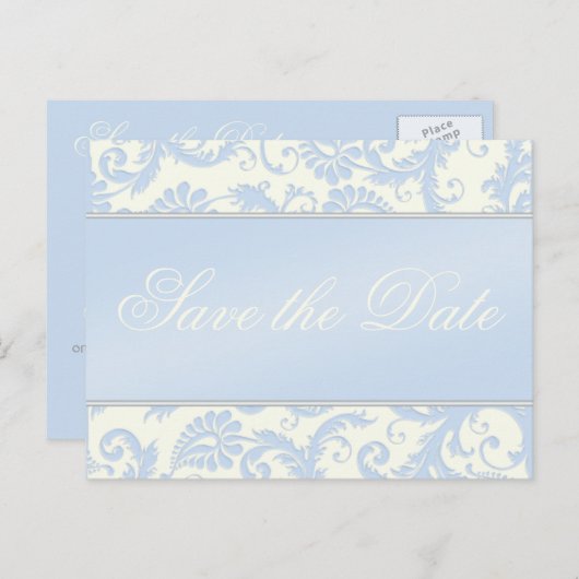 Ivory et Blue Damask Enregistrer la date Carte pos (Devant / Derrière)