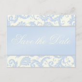 Ivory et Blue Damask Enregistrer la date Carte pos (Devant)