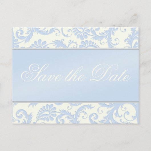 Ivory et Blue Damask Enregistrer la date Carte pos (Devant)