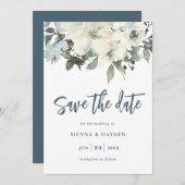 Ivory Floral Navy Blue Enregistrer La Carte Date (Devant / Derrière)