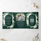 Ivory Floral Photo Emerald Green QR Code Wedding Drieluik Uitnodiging (Binnen)