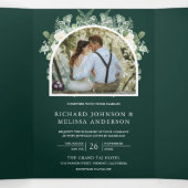 Ivory Floral Photo Emerald Green QR Code Wedding Drieluik Uitnodiging (Binnenkant midden)