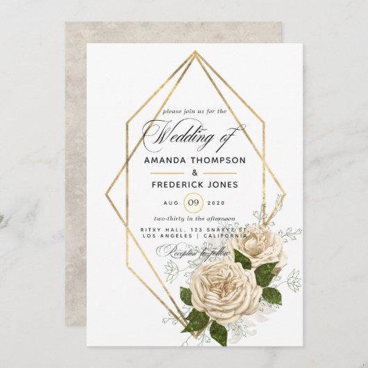 Ivory Floral Polygonal Rustic Wedding Kaart (Voorkant / Achterkant)