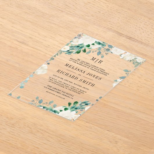 Ivory Floral Sage Green Leaves Wedding Acryl Uitnodigingen (Laagn)