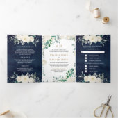 Ivory Floral Sage Green leveert marineblauw huweli Drieluik Uitnodiging (Binnen)