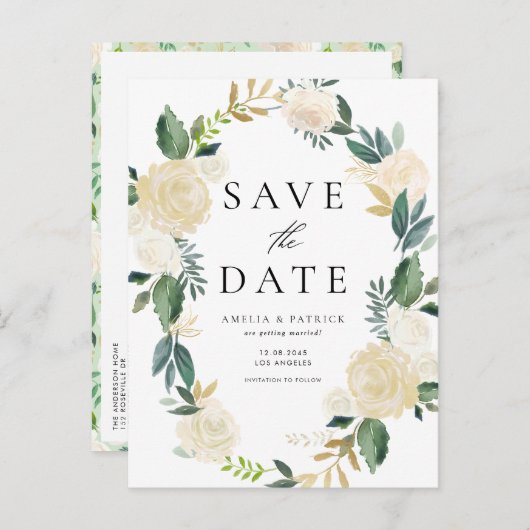Ivory Floral Wreath QR Code Save the Date Aankondigingskaart (Voorkant / Achterkant)