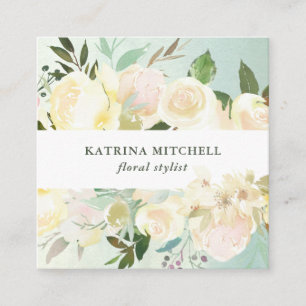 Ivory Floral Zachte groene Waterverf Vierkante Visitekaartje