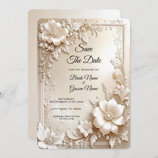 Ivory Flowers Save the Date (Voorkant / Achterkant)