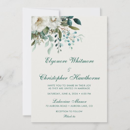 Ivory Forest Teal Script Floral Wedding Kaart (Voorkant)