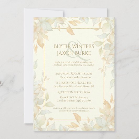 Ivory Gold Leafy Border Botanical Elegant Wedding  Kaart (Voorkant)