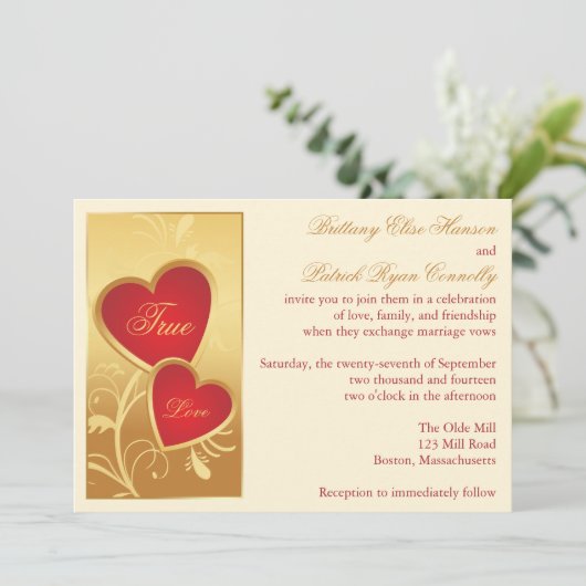 Ivory, Gold, Red Hearts Weddenschap Kaart (Staand voorkant)