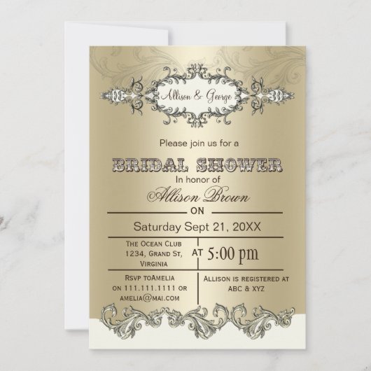 Ivory Gold Scroll Elégant Invitations de douche nu (Devant)