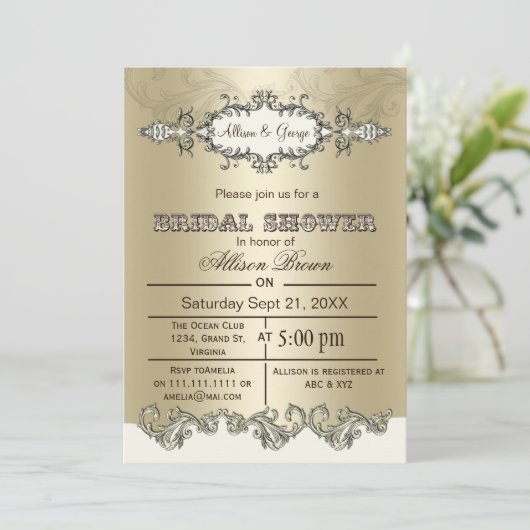 Ivory Gold Scroll Elégant Invitations de douche nu (Debout devant)