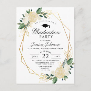 Ivory Golden Floral Graduation Party Invitation