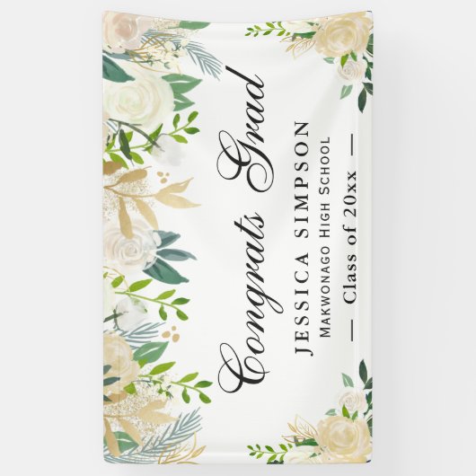 Ivory Golden Floral Modern Afstuderen Afstuderen Spandoek (Verticaal)