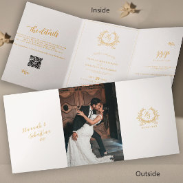 Ivory Gouden Monogram Foto QR | RSVP | Details Drieluik Kaart
