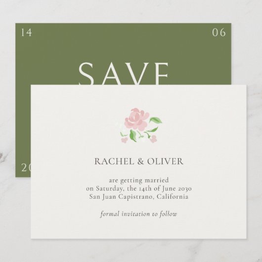 Ivory & Green | Floral Rose Wedding Save The Date (Devant / Derrière)