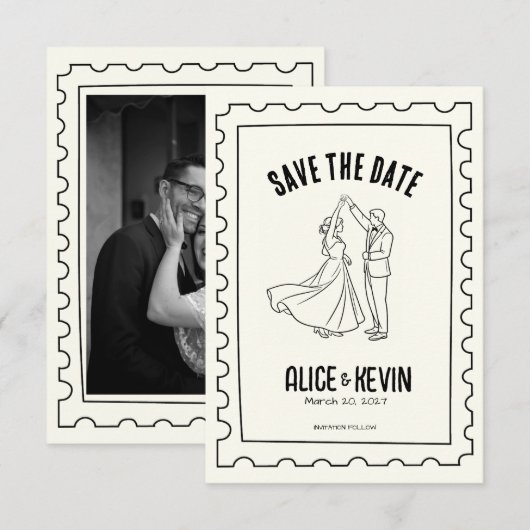 Ivory Hand Drawn Illustration Wedding Minimalist Save The Date (Voorkant / Achterkant)