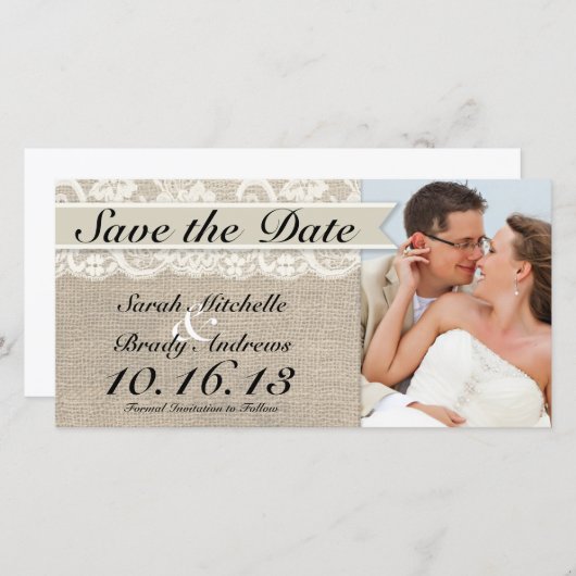 Ivory Lace & Burlap Save the Date - Ivory (Voorkant / Achterkant)