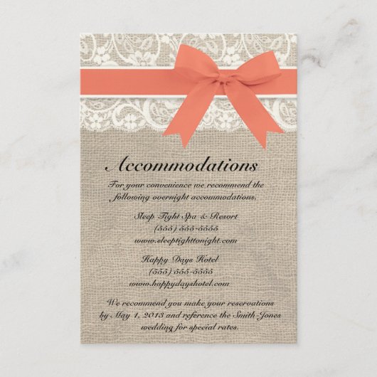 Ivory Lace et Burlap LookCoral Carte d'hébergement (Devant)