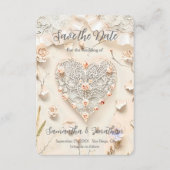 Ivory Lace Heart Floral Romantic Spring Softly Save The Date (Voorkant)