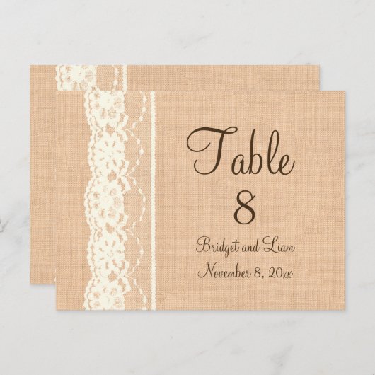 Ivory Lace & Light Burlap Numéro de table (Devant / Derrière)
