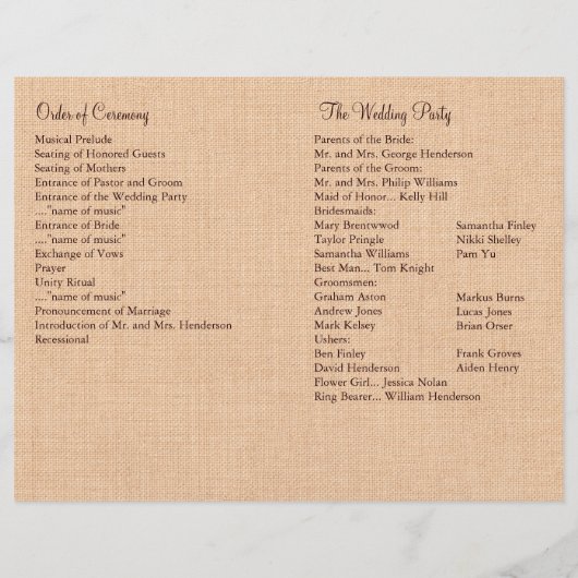 Ivory Lace & Light Burlap Programme de mariage (Dos)