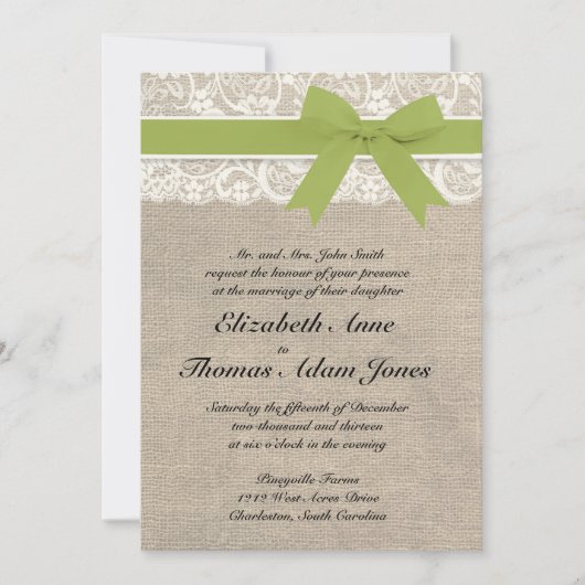Ivory Lace Look Rustic Burlap Invitation - Olive (Devant)