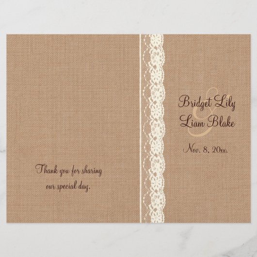  Ivory Lace & Medium Burlap Wedding Programme (Voorkant)
