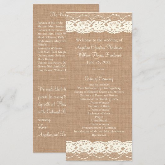 Ivory Lace & Medium Burlap Wedding Programme Programma (Voorkant / Achterkant)