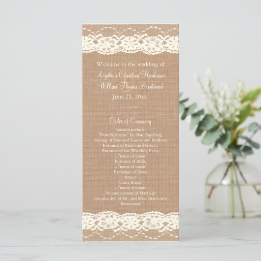 Ivory Lace & Medium Burlap Wedding Programme Programma (Staand voorkant)