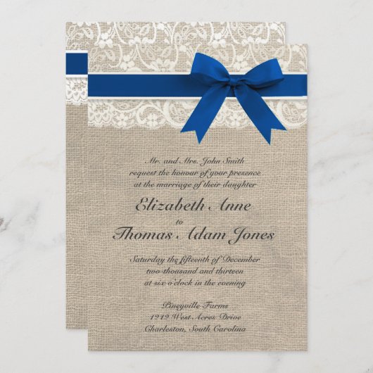 Ivory Lace Royal Blue Burlap Faire-part de mariage (Devant / Derrière)