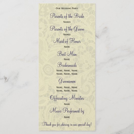 Ivory Lace Royal Navy Blauw Formeel Huwelijksprogr Programma (Achterkant)