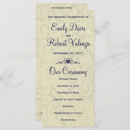 Ivory Lace Royal Navy Bleu Programme de mariage fo (Devant / Derrière)