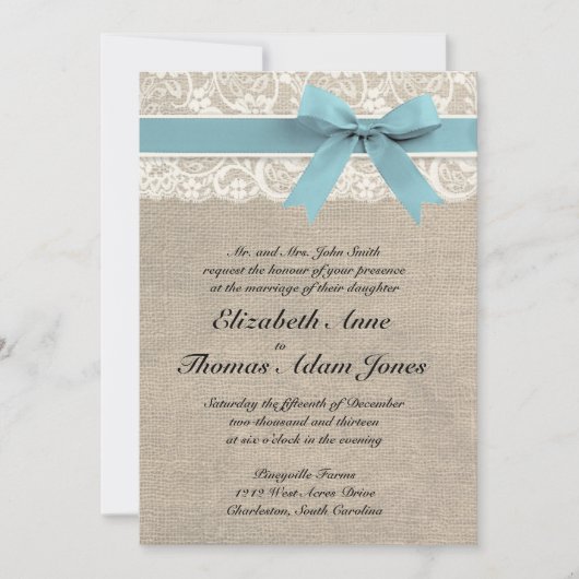 Ivory Lace Rustic Burlap Wedding Invite Glacier Kaart (Voorkant)