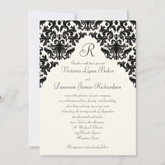 Ivory Linen Black Damask Monogrammed Invite Kaart (Voorkant)
