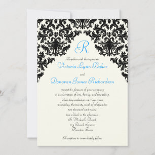 Ivory Linen Black Damask Monogrammed Invite Kaart