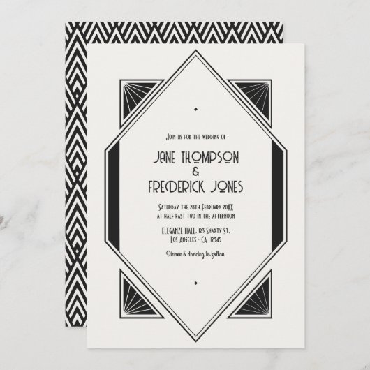 Ivory Linen & Jet Black Art Deco Wedding Photo Kaart (Voorkant / Achterkant)