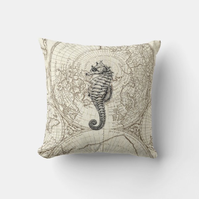 Ivory Map Black Seahorse Illustration Sealife Kussen (Voorkant)