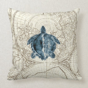 Ivory Map Blue Turtle Illustration Sealife Kussen