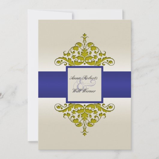 Ivory Navy et Gold Mariage damassé Invitation (Devant)