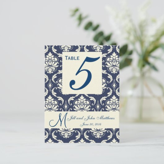 Ivory Navy Mariage damassé Numéro de table (Debout devant)