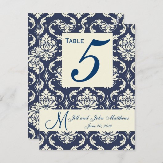 Ivory Navy Mariage damassé Numéro de table (Devant / Derrière)