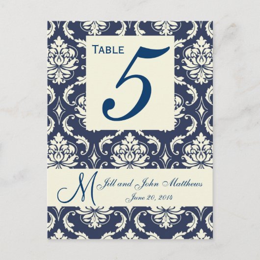 Ivory Navy Mariage damassé Numéro de table (Devant)