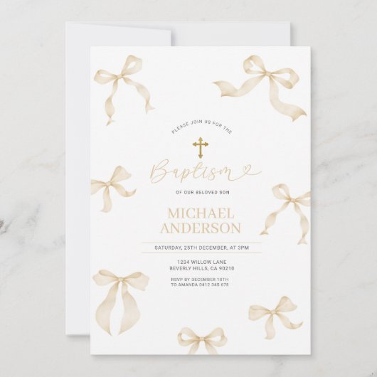 Ivory Neutral Bow Christening Invitation (Devant)